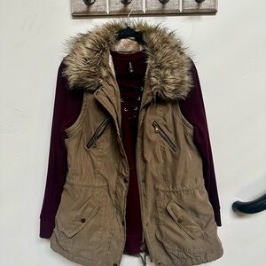 Women's Tan Jacket with Faux Fur Collar